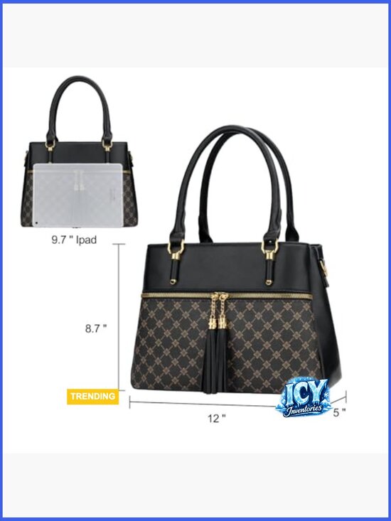 Faux Leather Satchel with Adjustable Strap, 3 Compartments - Picture 6 of 7